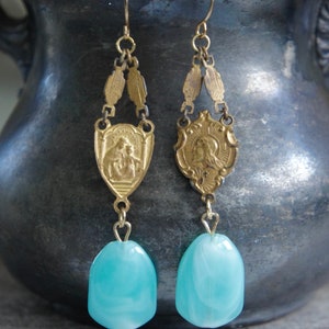 Vintage earrings, vintage rosary earrings, aqua blue stone earrings, Amazonite earrings, long dangles, F1371-by French Feather Designs. image 3