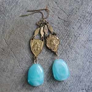 Vintage earrings, vintage rosary earrings, aqua blue stone earrings, Amazonite earrings, long dangles, F1371-by French Feather Designs. image 8