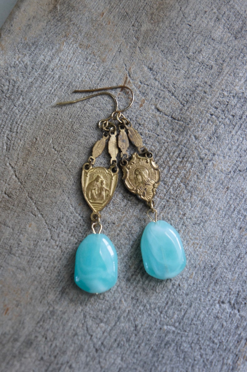 Vintage earrings, vintage rosary earrings, aqua blue stone earrings, Amazonite earrings, long dangles, F1371-by French Feather Designs. image 8