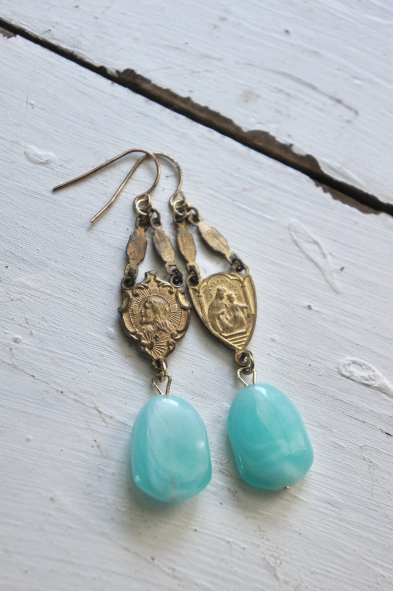 Vintage earrings, vintage rosary earrings, aqua blue stone earrings, Amazonite earrings, long dangles, F1371-by French Feather Designs. image 2