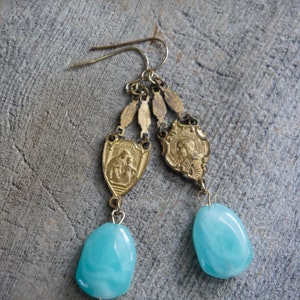 Vintage earrings, vintage rosary earrings, aqua blue stone earrings, Amazonite earrings, long dangles, F1371-by French Feather Designs. image 5