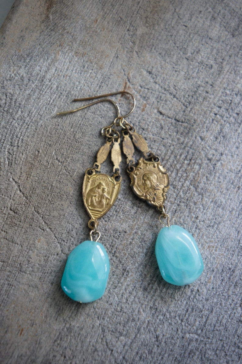 Vintage earrings, vintage rosary earrings, aqua blue stone earrings, Amazonite earrings, long dangles, F1371-by French Feather Designs. image 5