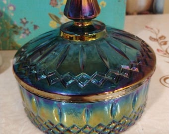Vintage Indiana Glass Company Blue Carnival Lidded Candy Dish