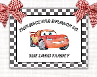 McQueen kinderwagenlabel, parken, raceautothema, digitale download, gepersonaliseerd kinderwagenlabel
