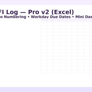 May include: A digital document labelled "RFI Log - Pro v2 (Excel)" with features including "Auto Numbering," "Workday Due Dates," and "Mini Dashboard." The document has a grid layout, likely a spreadsheet or data table.