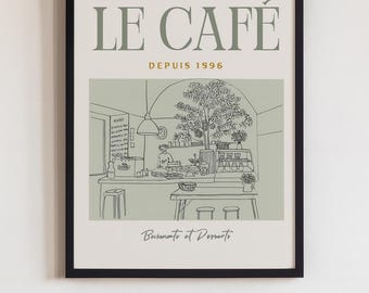 May include: A framed art print with a minimalist cafe illustration. The words "LE CAFÉ" and "DEPUIS 1996" are at the top. The image shows a cafe interior with tables, stools, and a tree, with the text "Bissanto et Desserts".