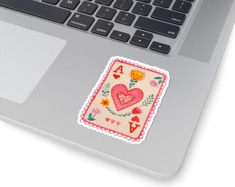Ace of Hearts Floral Playing Card Kiss-Cut Sticker | Pink Heart Valentines Tarot Art