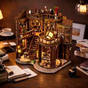 May include: A detailed wooden miniature library with multiple levels, bookshelves, and a grand staircase. The model features warm lighting, a piano, and decorative elements, creating a cozy and inviting atmosphere. The overall colour scheme is a warm brown.