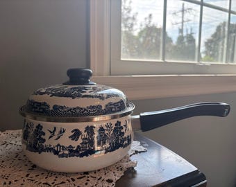 Heritage Mint blue enamelware vintage saucepan with lid