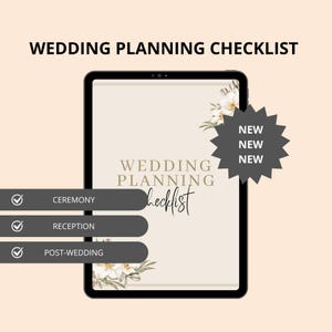 Puede incluir: Una lista de verificación digital para la planificación de bodas que se muestra en una tableta. La pantalla muestra "Wedding Planning Checklist" con decoraciones florales. La lista de verificación incluye secciones para la ceremonia, la recepción y la planificación posterior a la boda. También hay un gráfico de "NUEVO".