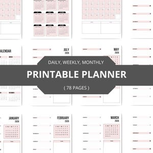 Puede incluir: Un planificador imprimible con fondo blanco y detalles en rosa. El planificador incluye diseños diarios, semanales y mensuales para el año 2026. La portada dice "Printable Planner" y "(78 páginas)".