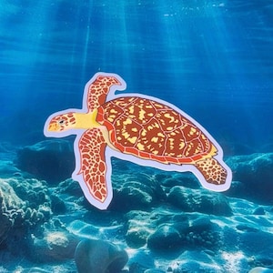 May include: A colorful sea turtle sticker with a brown shell, yellow accents, and red patterned flippers. The sticker is set against a blue underwater background with rocks and sunlight.