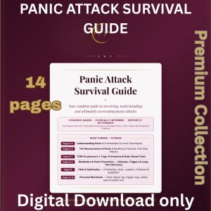 Può includere: Una guida digitale di 14 pagine per la sopravvivenza agli attacchi di panico su sfondo bordeaux scuro. Il testo include sezioni sulla comprensione del panico, neuroscienze, protocolli di respirazione, digitopressione, yoga, meditazione e fede.