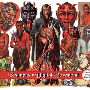 May include: A collection of vintage Krampus illustrations, featuring various depictions of the horned figure with pitchforks and chains. The images are in shades of red, black, and brown, with some text included.