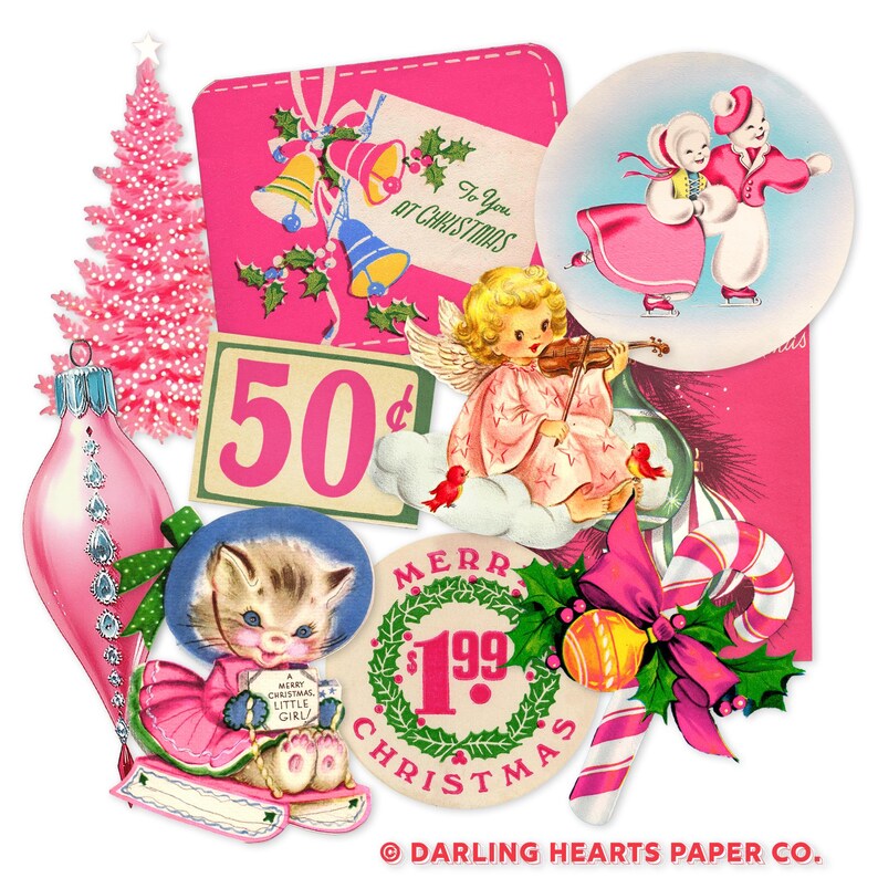 Vintage Pink Christmas Clipart Bundle, Midcentury Holiday Graphics ...