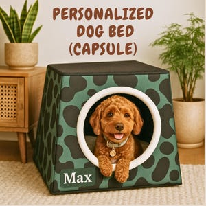 May include: A personalized dog bed with a capsule design. The bed is green with black spots and has a white circular opening. A brown dog with a collar is inside the bed. The name "Max" is displayed on the front of the bed. The text "PERSONALIZED DOG BED (CAPSULE)" is at the top.