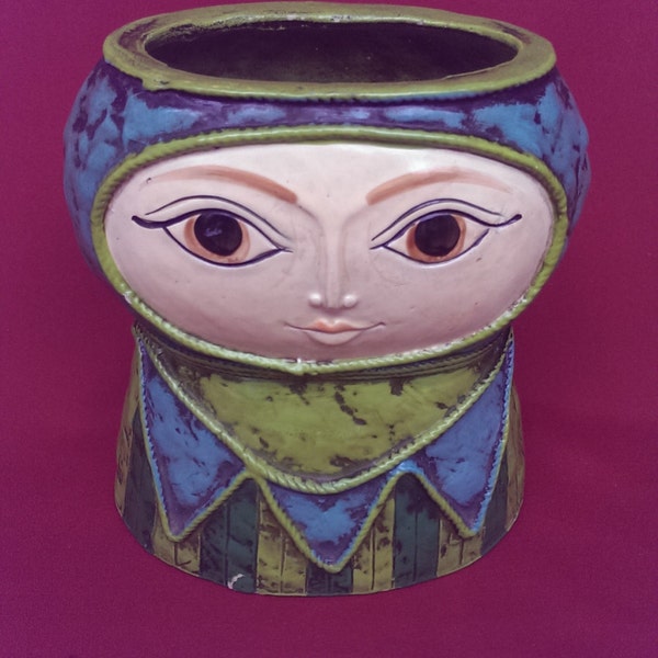 Medieval Lady Face Blue and Green Vintage Planter