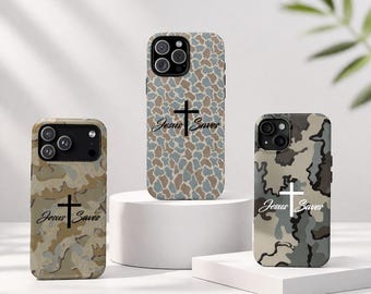 Jesus Saves Camo Phone Case | Christian Faith Cross iPhone Case | Duck Camo Protective Cover for iPhone 17 16 15 14 13 12 11