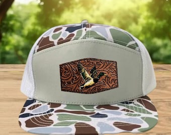Mallard Duck Leather Patch Camo Trucker Hat | 7-Panel Snapback | Duck Hunting Outdoor Cap
