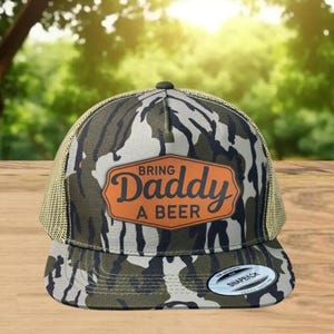 Bring Daddy A Beer Leather Patch Hat, Funny Duck Camo Trucker Cap, Father's Day Gift, Hunting Camouflage Snapback, Outdoor Dad Humor Hat