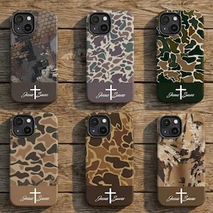 Jesus Saves Camo Phone Case for iPhone 11 - 17 and Samsung – Christian Cross Phone Cover, Faith-Based Hunting Camouflage Design