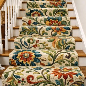 Puede incluir: Escalera con alfombras con estampado floral. Las alfombras tienen un fondo crema con diseños florales coloridos en tonos naranja, azul, amarillo y verde. Las escaleras son de madera con barandillas blancas.