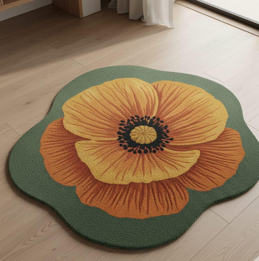 Hand Tufted Poppy Flower Wool Rug - Irregular Shaped Floral Area Rug - Etsy