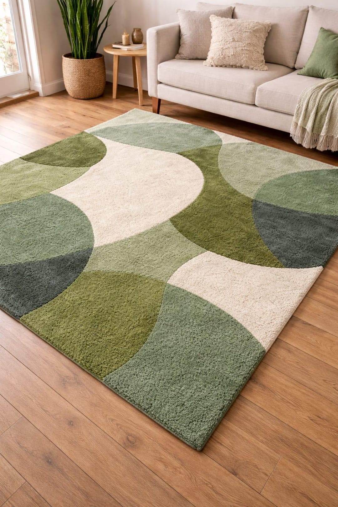 Sage Green Hand Tufted Wool Rug - Abstract Geometric Curves - Etsy