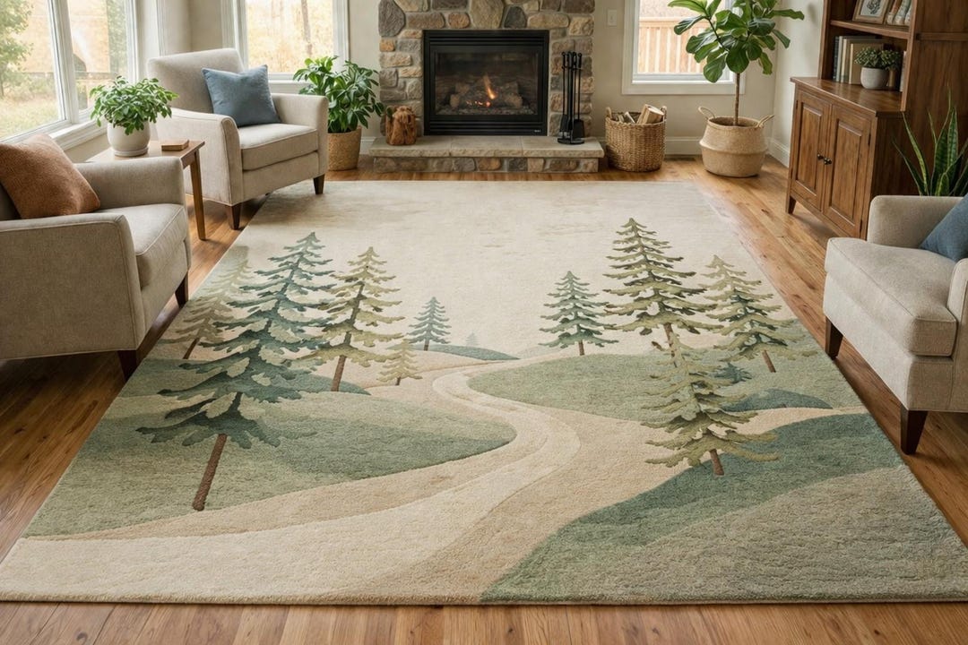 Hope Forest Rug Hand Tufted Wool Rug, Forest Landscape Area Rug, Nature Inspired Green ...