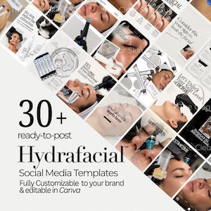 May include: A collection of 30+ social media templates for Hydrafacial services, featuring various skincare treatment images, text overlays like 'your glow era starts here', and 'cleanse - extract - hydrate - glow' branding.