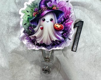 Portacredencial giratorio con purpurina, colorido, espeluznante, fantasma, elegante, divertido, sarcástico y atrevido. Ideal para profesores, personal médico y enfermeros.