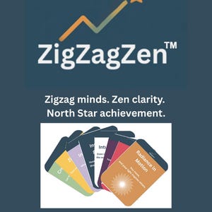 Peut inclure: Image d'un jeu de cartes d'affirmation pour la clarté et la connexion neurodivergentes. Le jeu présente des cartes avec des motifs colorés et du texte, dont "Radiance in Motion". Le logo ZigZagZen est en haut.