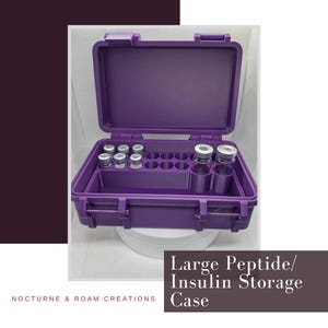 May include: A purple rectangular storage case with a hinged lid, featuring an interior organiser with multiple circular slots for small glass vials. The case includes a larger rectangular compartment and is labelled with the text Large Peptide/Insulin Storage Case and Nocturne & Roam Creations.