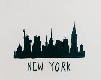 Horizonte de la ciudad de Nueva York, en blanco y negro, obra original de un niño de 11 años.