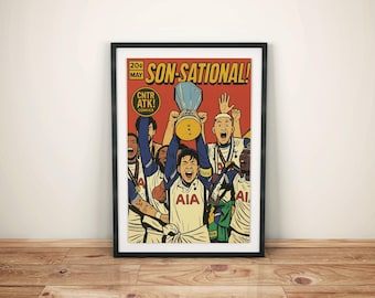 May include: Comic-style print in a black frame featuring a soccer team celebrating a victory. The artwork has a red background with the words "SON-SATIONAL!" and "CNTR ATK! COMICS". The team members are wearing white and blue jerseys and holding a trophy.