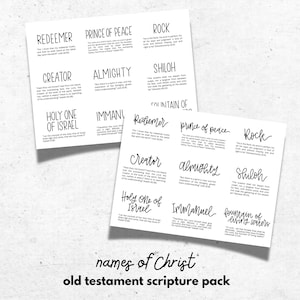 May include: Two white cards with black text featuring names of Christ from the Old Testament, including "Redeemer" and "Prince of Peace." The text "names of Christ" and "old testament scripture pack" are also visible.