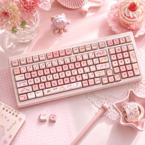 99 st pastellrosa söt katt mekaniskt tangentbord MAO-profil tangentbord kawaii tangentbordsset tecknat djur present till kattälskare tjejer