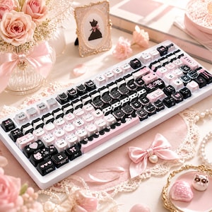 99 st pastellsvarta söta katter mekaniska tangentbord MAO-profiltangenter kawaii-tangentbordsset tecknade djurpresent till kattälskare tjejer