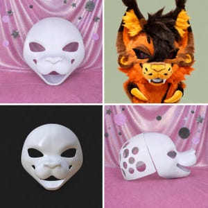 May include: A white, smooth, molded animal mask base with eye, nose, and mouth openings, shown in front and side profiles. The side view reveals a perforated back section. A finished, furry, orange and brown creature head mask is also shown.