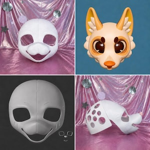 Può includere: Una collezione di quattro immagini che mostrano una base per maschera animale bianca e liscia. La maschera presenta ampie aperture per gli occhi, un muso sporgente e un'ampia apertura per la bocca. Un'immagine mostra una versione dipinta con orecchie arancioni.