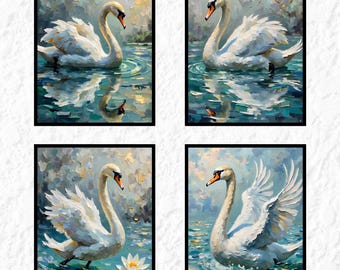 Láminas de pinturas al óleo de cisnes, arte mural de aves con textura 3D (descarga digital)