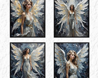 5 láminas de pintura al óleo de ángeles blancos plateados, arte mural con textura 3D (descarga digital)