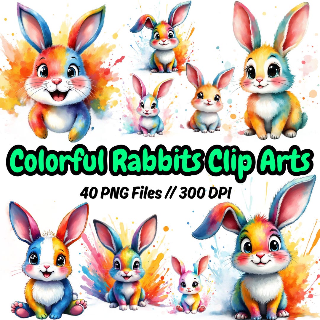 40 Colorful Bunny Clipart Pngs: Rainbow Rabbit Art (digital Download ...