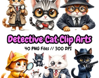 Detective Cat Clipart | 40 Animal PNGs (Digital Download)