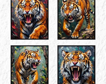 Láminas de pinturas al óleo de tigres, arte mural de animales con textura 3D (descarga digital)