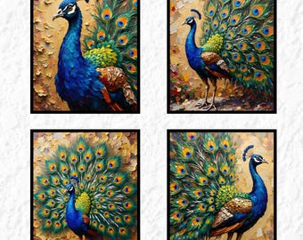 Peacock Oil Painting Prints, 3D Textured Birds Wall Art (Digital Download)
