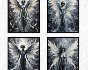 5 láminas de pintura al óleo de ángel negro dorado, arte mural con textura 3D (descarga digital)
