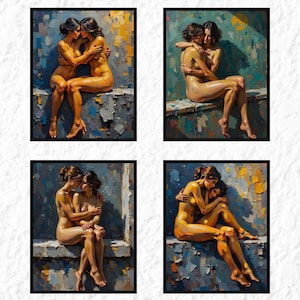 May include: Four framed art prints featuring nude figures in various embracing poses. The paintings use a palette of warm skin tones against a backdrop of textured blues, grays, and yellows, creating a sense of intimacy.