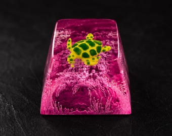 Handmade Sea Turtle Resin Keycap, Neon Pink Reef Artisan for Mechanical Keyboard, Custom MX Keycap, Marine Turtle Lover Gift