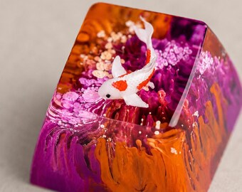 Custom Purple Orange Koi Pond Artisan Keycap, Handmade Clear Resin Keycap for MX Switch Mechanical Keyboards, Unique Desk Setup Accessory